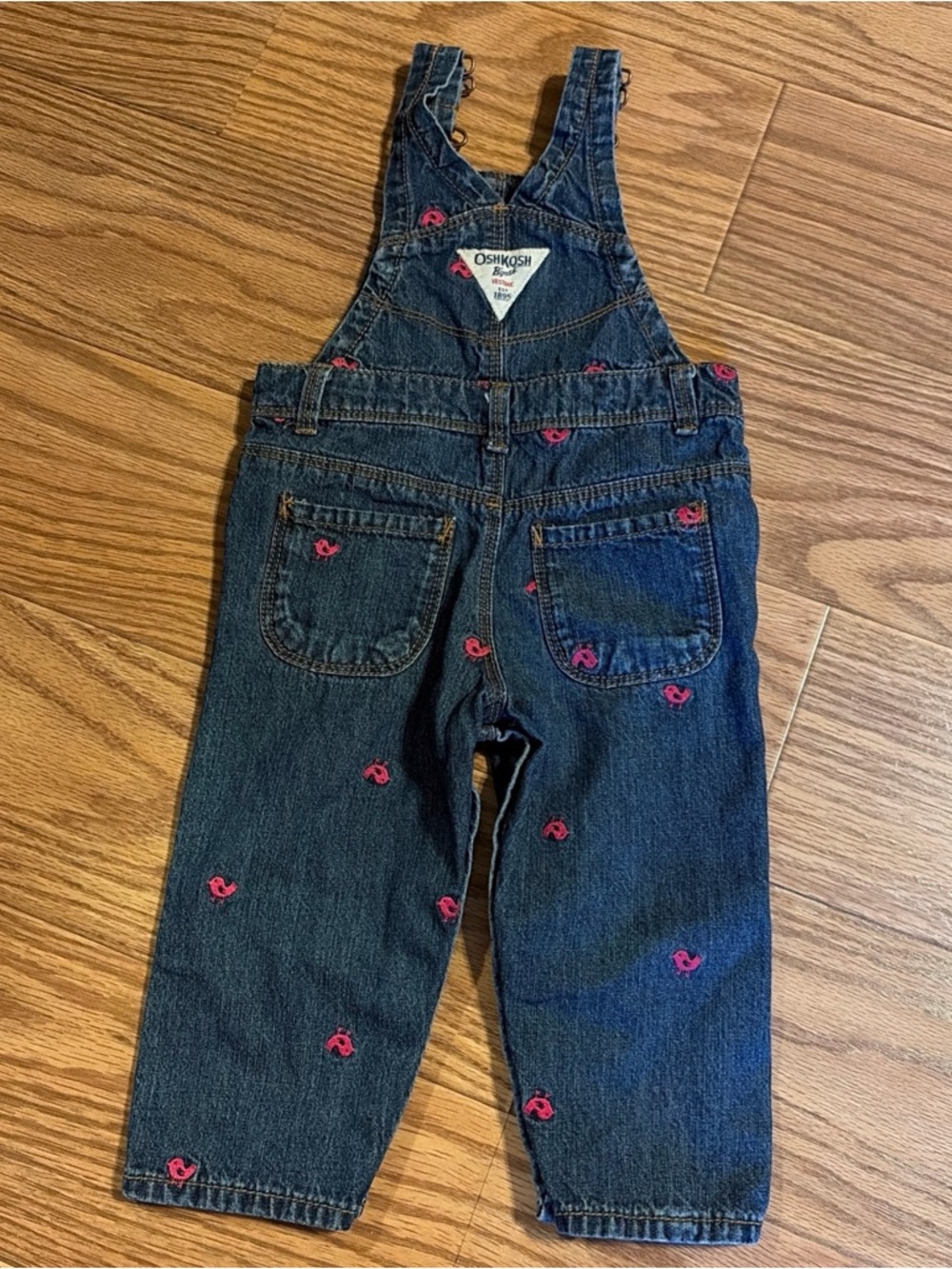 Oshkosh B’goshVestbak Denim Overalls Pink Embroidered Birds Size 12 Months - Picture 4 of 6